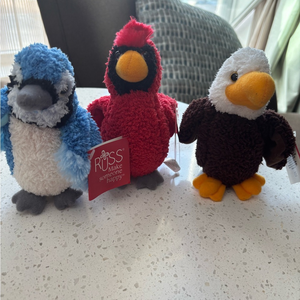 RUSS NWT Plush Bird Toy Set - Blue, Red, Brown
